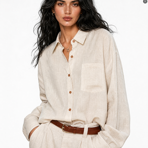 Camicia OEM da <span class=keywords><strong>Donna</strong></span> Primavera/Autunno in Cotone-<span class=keywords><strong>Lino</strong></span> Traspirante Casual Vintage a Maniche Lunghe con Colletto Rovesciato in Colore <span class=keywords><strong>Lino</strong></span> Naturale - Product Image 3