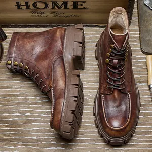 Factory Supply Genuine Leather Men's Martin Boots British Style Round Head Men's Trendy Shoes