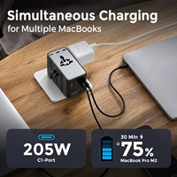 Worldplug Super Fast Charge GaN 205W Port AC Adaptateur de chargeur universel de voyage international pour ordinateur portable et appareil photo
