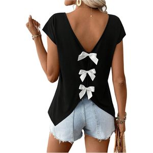 Blusa de chifón transpirable para mujer, elegante y casual, con lazo en la espalda, sin mangas, cuello en V, asimétrica, de verano - Product Image 1