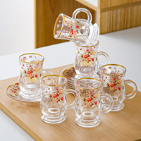 Ensemble de tasses à café en verre à bord doré de luxe léger, style rétro européen, service à thé de l'après-midi, 6 tasses et assiettes, cadeau haut de gamme