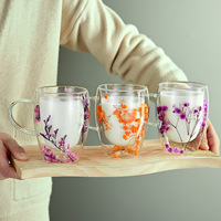 Tasse à Café Double Paroi à Fleurs Séchées, en Verre Borosilicate, Idéale pour le Thé ou les Cadeaux