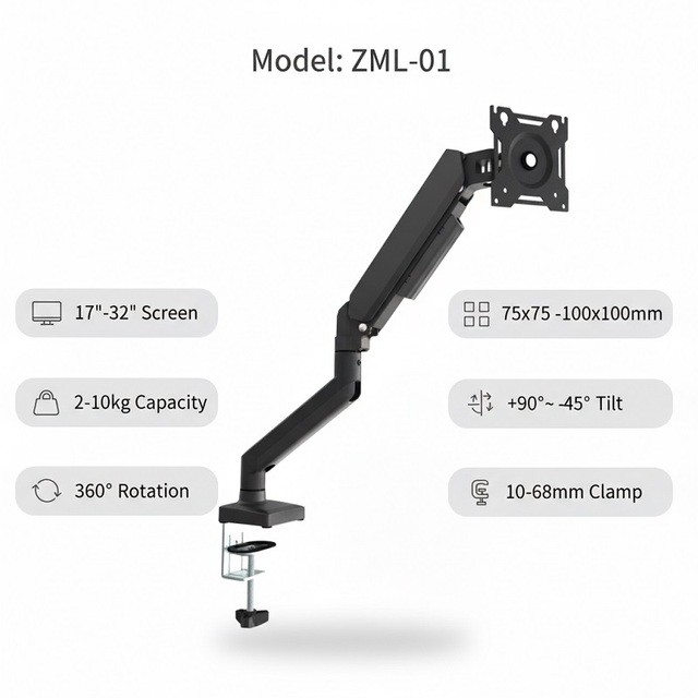 360° Rotation Height Adjustable Desk Arm Mount Ergonomic Single Monitor Arm for 17-32 Inch Screens
