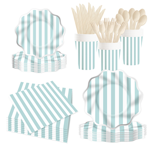 DAMAI - Vajilla Personalizada para Fiestas, Plato Ondulado con Estampado Plateado y Rayas Azules, Plato de Papel, Vaso, Servilleta - Product Image 1