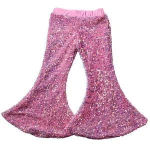 Venta al por mayor de pantalones de boutique para bebé, ropa para niños, pantalones acampanados con lentejuelas brillantes