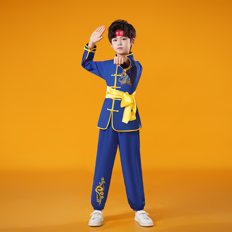 Camicia blu a maniche lunghe con stampa drago e dettaglio cravatta