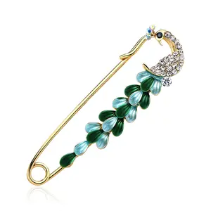 Enamelled Rhinestone Crystal Alloy Gold Plated Garments Clothing Jewelry Peacock Pins New Brooch Big Pin For Women Girl