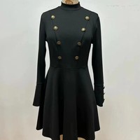 Classique dames noir Jacquard robe en tricot à manches longues a-ligne Style rétro décontracté bouton décoration pour l'hiver achats en ligne