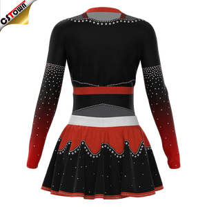 Vestidos de porristas con degradado rojo y negro para mujer con malla brillante y diseño de falda de animadora - Product Image 3