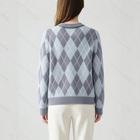 Pull en tricot Argyle pour femme, col rabattu, manches longues, pull décontracté pour femme pour l'automne et l'hiver