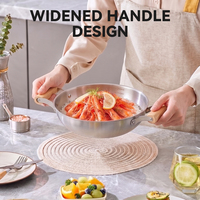 Poêle Wok Coréenne en Acier Inoxydable, Mini Casserole Portable Profonde pour Nouilles Instantanées et Fruits de Mer avec Poignées en Bois