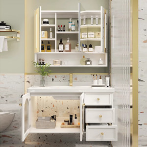 <b>Wall</b>-Mounted White Bathroom Vanity Unit With Gold Handles Arched LED <b>Mirror</b> Cabinet - Product Image 5