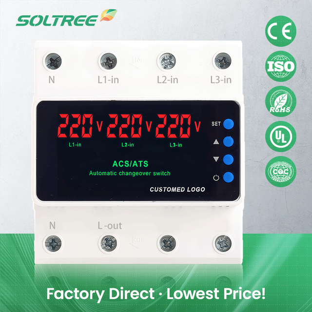 Soltree 63A80A100A ATS Dual Power Automatic Transfer Switch Three-way 3-display Over/undervoltage Protector Three Phase Current