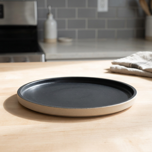 SAFA INTERNATIONAL Ceramic Serving Plate Bohemian Design Black Interior Tan Rim <b>Matte</b> Finish Handmade 300mm Diameter Tableware - Product Image 1