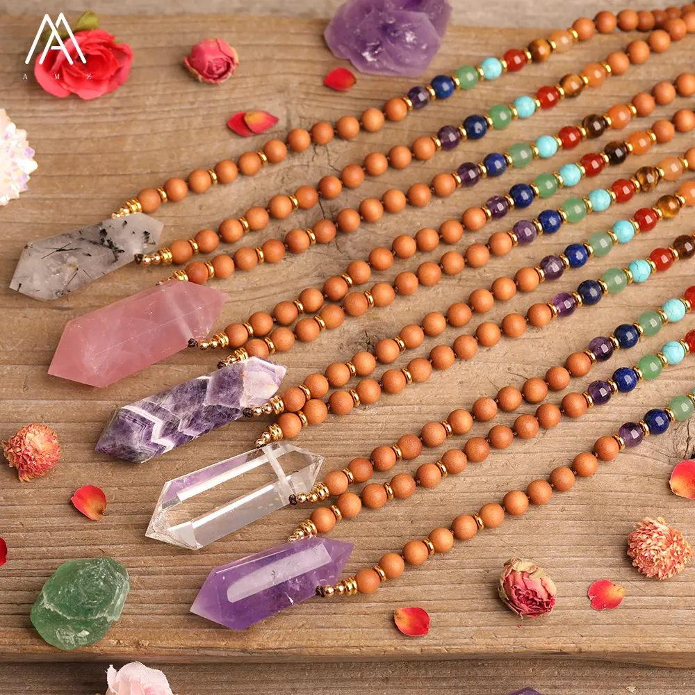 Sandalwood Beads Mala Necklace  Reiki Chakra healing Crystal Double Point Pendant Yoga Necklaces