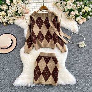 Women'S Chic Off Shoulder Ribbon <strong>Sweater</strong> With Diamond Pattern <strong>Knit</strong> Skirt Two Piece Set for Petite - Product Image 2