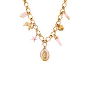 Collier en acier inoxydable plaqué or pour femme décoré <span class=keywords><strong>de</strong></span> breloques roses comme un cœur d'étoile <span class=keywords><strong>de</strong></span> mer et une Vierge <span class=keywords><strong>Marie</strong></span> - Product Image 1