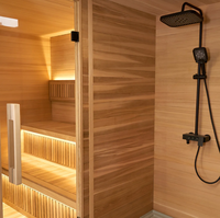 Sauna sec en bois moderne pour l'intérieur et l'extérieur avec douche intégrée et poêle à bois de 6 kW