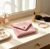 Pochette à bijoux de luxe en suède style enveloppe avec fermoir doré, petit sac de rangement en microfibre pour bagues et boucles d'oreilles, emballage en gros