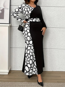 Nuova moda europea e americana elegante alla moda con motivo Plaid alla moda vestito a portafoglio Maxi abito a tre quarti - Product Image 3