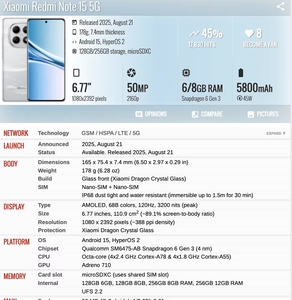 Nuevo <span class=keywords><strong>Redmi</strong></span> Note 15 5G 2025, Teléfono Inteligente con Snapdragon 6 Gen 3, Android HyperOS, Pantalla AMOLED <span class=keywords><strong>de</strong></span> 2/6.77 Pulgadas, Batería <span class=keywords><strong>de</strong></span> 5800 mAh y Cargador <span class=keywords><strong>de</strong></span> 45 W - Product Image 5