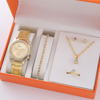 Ensemble LP13 de 5 montres à quartz coréennes décontractées pour femmes avec bracelet en acier, colliers, bagues, boucles d'oreilles et bracelets de luxe – Coffret cadeau cinq pièces