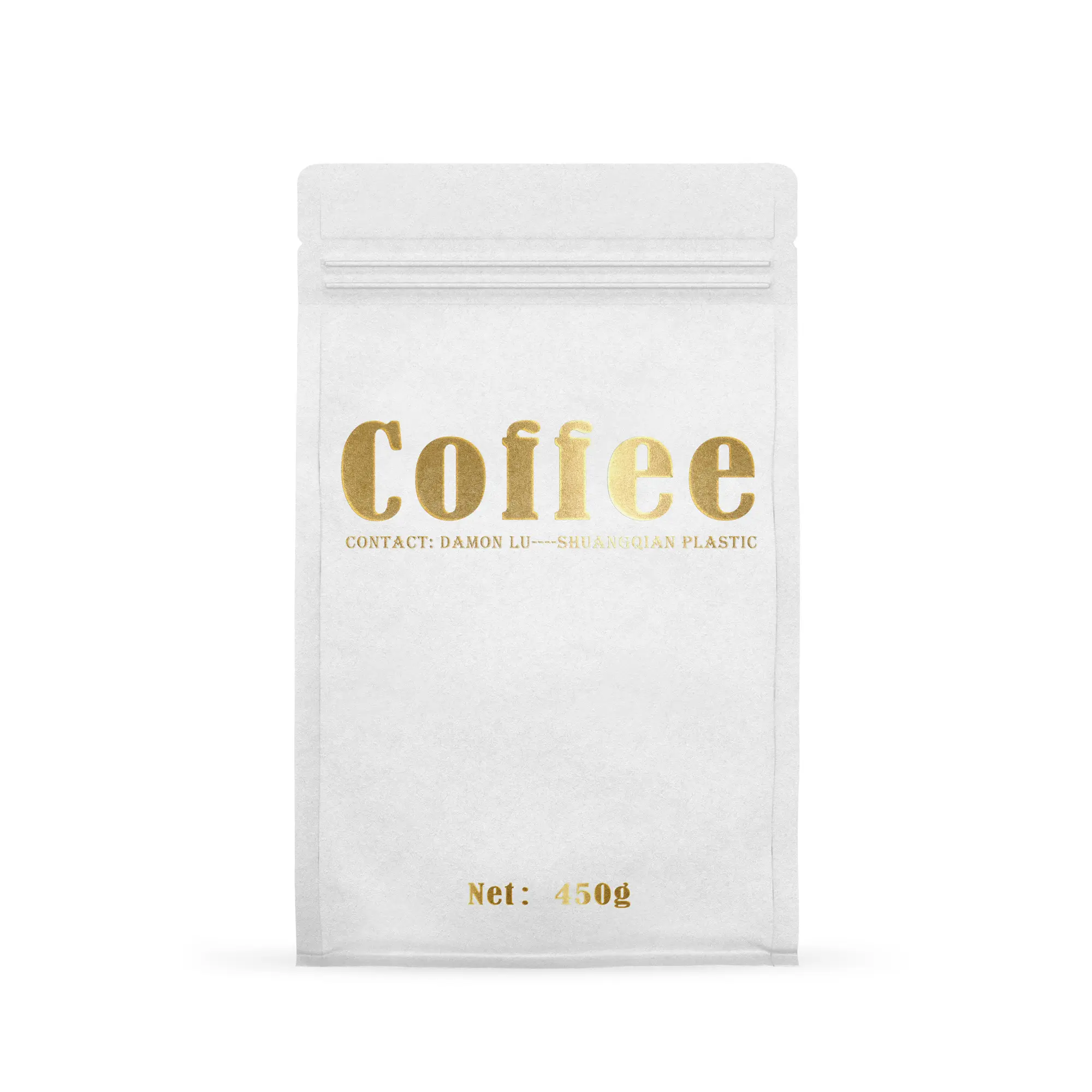 Gold Foil Hot Stamp LOGO White Kraft Paper Creative Coffee Pack Flat Bottom Pouch with Zipper