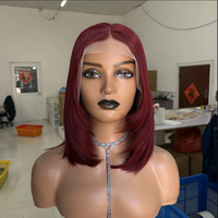 Perruque brésilienne Remy en cheveux humains, dentelle transparente, couleur vin rouge 99J, 12 pouces, densité 250%, coupe bob droite
