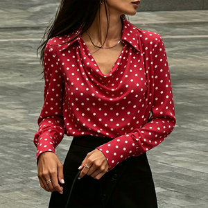 Blusa de Manga Larga con Cuello Drapeado y Estampado de Lunares Rojos para Mujer, Elegante para Oficina, Estilo Vintage, Corte Regular - Product Image 1