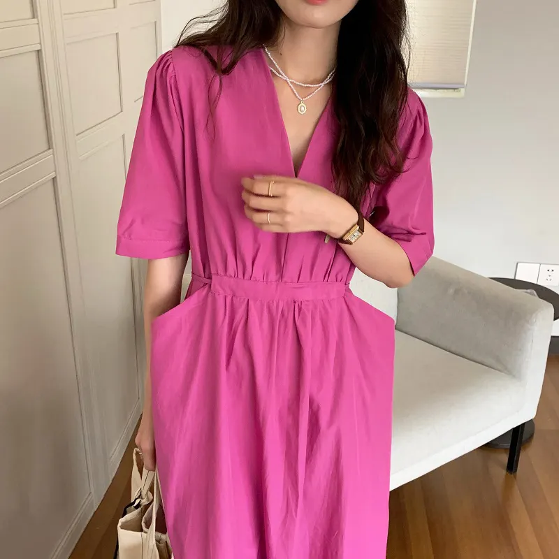 Wholesale 2021 Summer New Style Simple und Gentle Rose Red Double Pocket Lace-up Waist Fashionable Temperament Puff Sleeve Dress