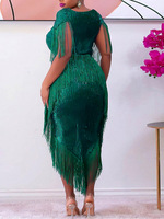 Robe de soirée élégante en crêpe à franges et sequins, col carré, taille plus, pour femme, vente en gros