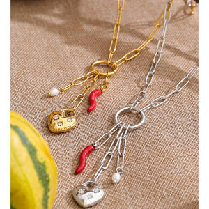 Collier pour femme JINYOU 1882, nouveautés, acier inoxydable, émail, piment rouge, zircon, cœur, perle, chaîne, pendentif - Product Image 4