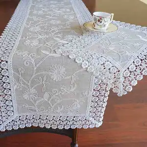 Toalhas de mesa de tecido do laço do bordado branco durável para jantar de casamento