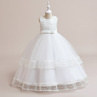 Robe de bal maxi courte blanche florale sans manches pour filles, robe de cérémonie d'été pour enfants, robe élégante à traîne fleurie