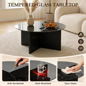Mesa de centro redonda de vidrio templado con base geométrica cruzada, resistente a los arañazos, fácil de limpiar, mesa de centro moderna para sala de estar - Product Image 3