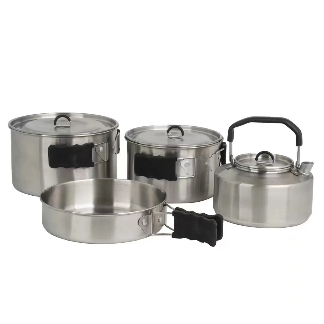 304 Stainless Steel Portable Camping Cookware Set for 3-5 Person Camping Pot Outdoor Cooking Cookware Kit with Kettle