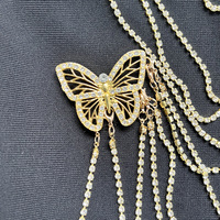 Robe de soirée en cachemire à bretelles spaghetti, coupe crayon, longueur midi, séchage rapide, avec chaîne de diamants et motif papillon doré, pour la vente en ligne