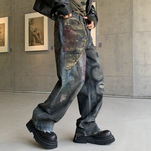 Pantalones Vaqueros Anchos de Estilo Moderno para Hombre, Pantalones Largos 3D de Alta Gama con Estampado de Grafiti Pintado a Mano, Estilo Hip Hop Desgastado - Product Image 1