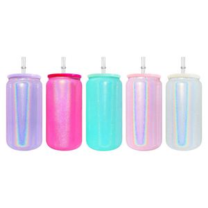 Bouteille en verre scintillante de 16 oz avec couvercle en plastique, personnalisable avec logo, livraison gratuite en gros, pour sublimation - Product Image 1