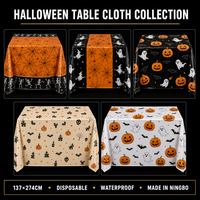 Nappe jetable en plastique PE pour Halloween 137x274cm - Housse de table de fête imperméable avec motifs mignons couleur crème