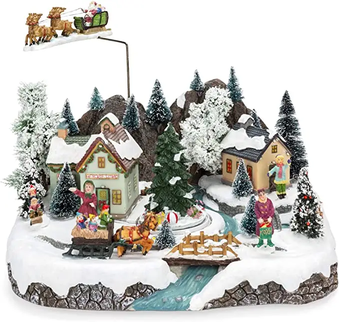 Beste Wahl Produkte Animierte Musikalische Pre-Lit Tabletop Weihnachten Dorf w/Rotierenden Baum, santa Pferdeschlitten und Rentier