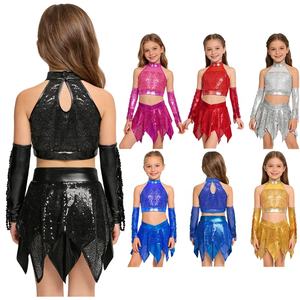 Conjunto de Ropa para Danza Jazz para Niñas de 6 a 16 Años, Top Corto con Falda Metálica y Guantes, Traje de Danza Latina para Recital y Entrenamiento - Product Image 1