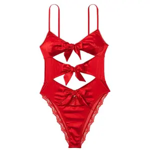 Hot Selling 2023 Women's Sexy Lingerie Red Bow Cutout Bodysuit Lace Edge Adult Sexy Sleeping Teddy Lingerie
