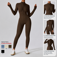 Combinaison de yoga une pièce pour femme avec fermeture éclair frontale, justaucorps moulant pour la gym, tenue de sport à manches longues
