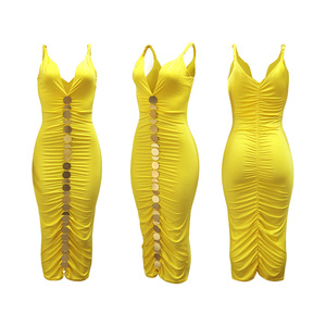 Robe midi moulante froncée <span class=keywords><strong>pour</strong></span> femme, à bretelles spaghetti et col en V, avec détail <span class=keywords><strong>disque</strong></span> doré, Sehe Fashion - Product Image 5