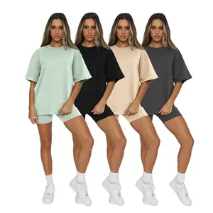 Two Piece Woman T Shirt And Shorts Sets Custom Logo Plain Ladies Outfits Solid Color Jogger Biker Short Sets