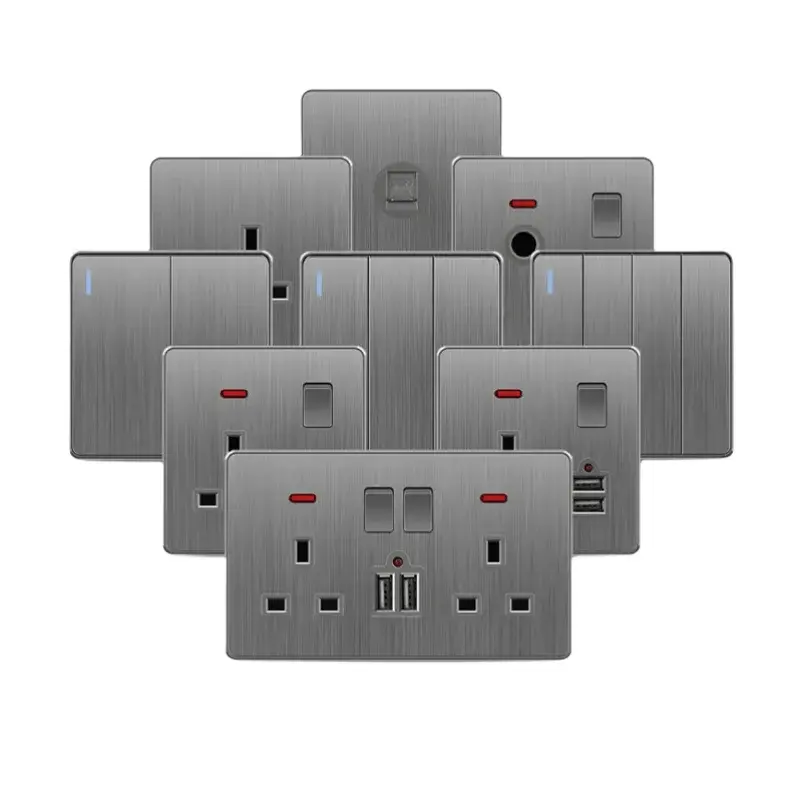 Brushed Grey Modern Universal Switches And Sockets, PC UK 13A Wall Light Switches, Electrical Kitchen Wall Sockets