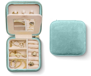 Organisateur de bijoux de voyage en velours bleu vert avec miroir, articles préférés, meilleurs cadeaux - Product Image 1