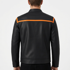Chaqueta de Motociclista de Cuero PU Negra para Hombre, con Bloques de Color, Cuello Alto y Cremallera - Product Image 3