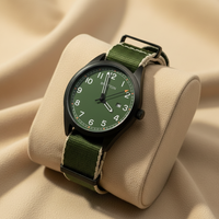 Montre Green Field, boîtier rond noir mat, cadran vert olive, bracelet en toile de nylon, montre-bracelet pour homme, étanche au quotidien, pour l'extérieur